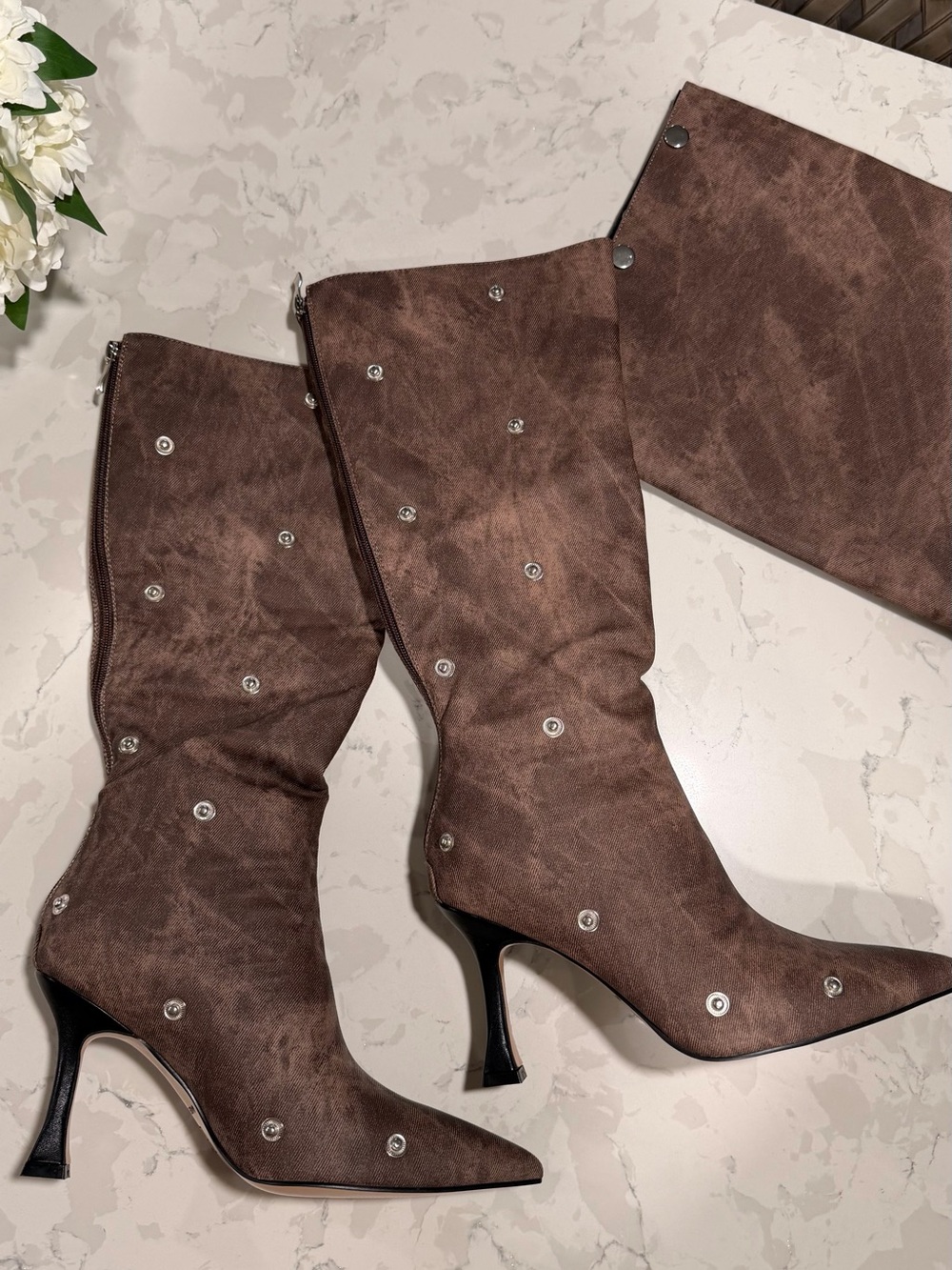 Women’s Brown Studded Mid-Calf Heeled Boots
